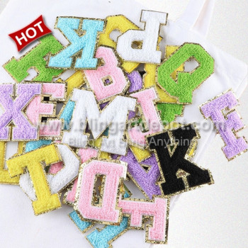 Custom Chenille Glitter Embroidery Alphabet Patches for T Shirt